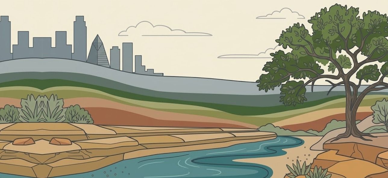 An illustration of the Austin skyline beyond the Hill Country ridges, a live oak on a limestone bank above a winding creek
